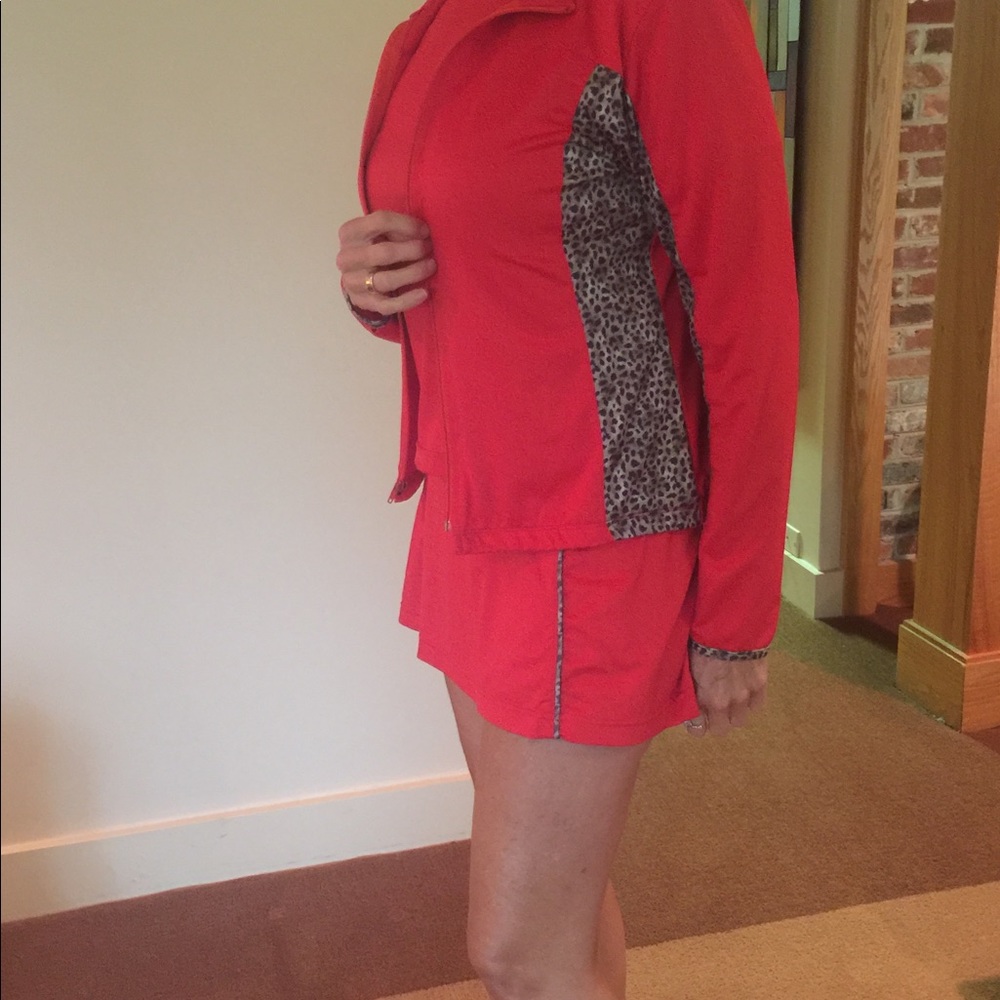 Red and black leopard print trim tennis ensemble